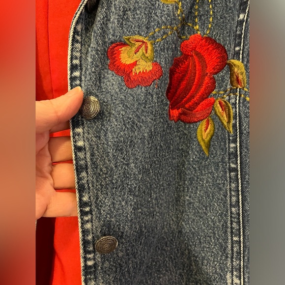 Vintage Embroidered Jean Jacket Mirasol Size XL Rose Floral Soft Stretch Denim - Picture 4 of 9